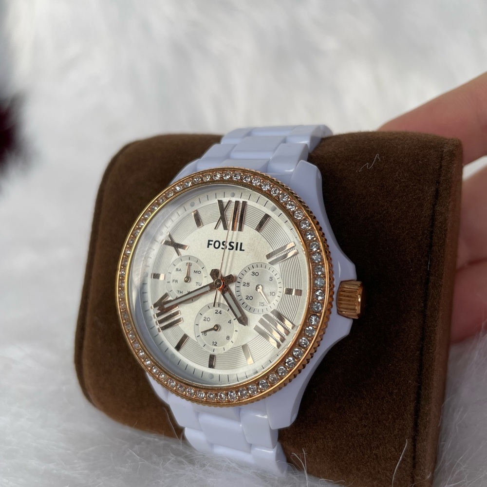Fossil Women's White and Rose Gold Watch